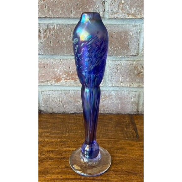 Brian Maytum Blown Glass Torchiere Oil Lamp Purple Iridescent Signed Dated 1985 - Picture 7 of 8